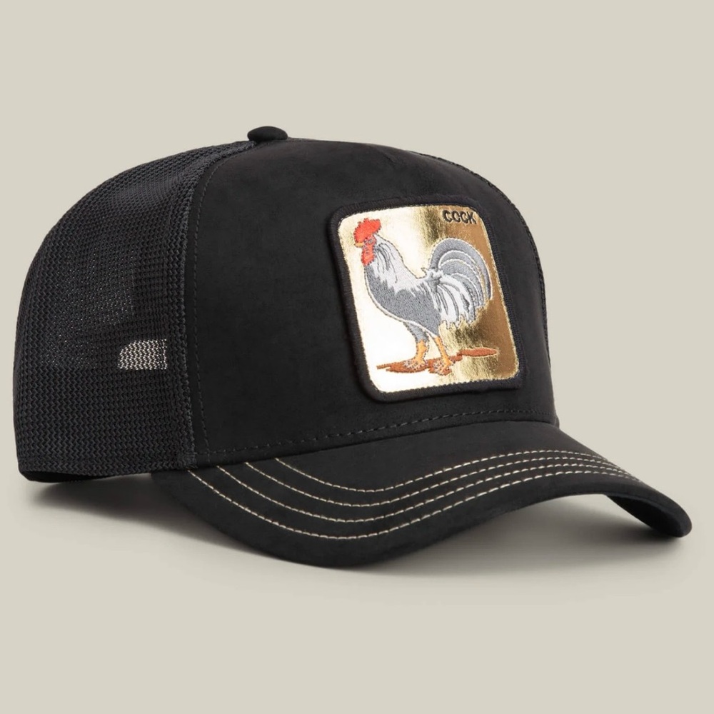 Goorin bros. Classic Black MICROSUEDE GOLDEN Rooster Patch Trucker Hat - Picture 4 of 10